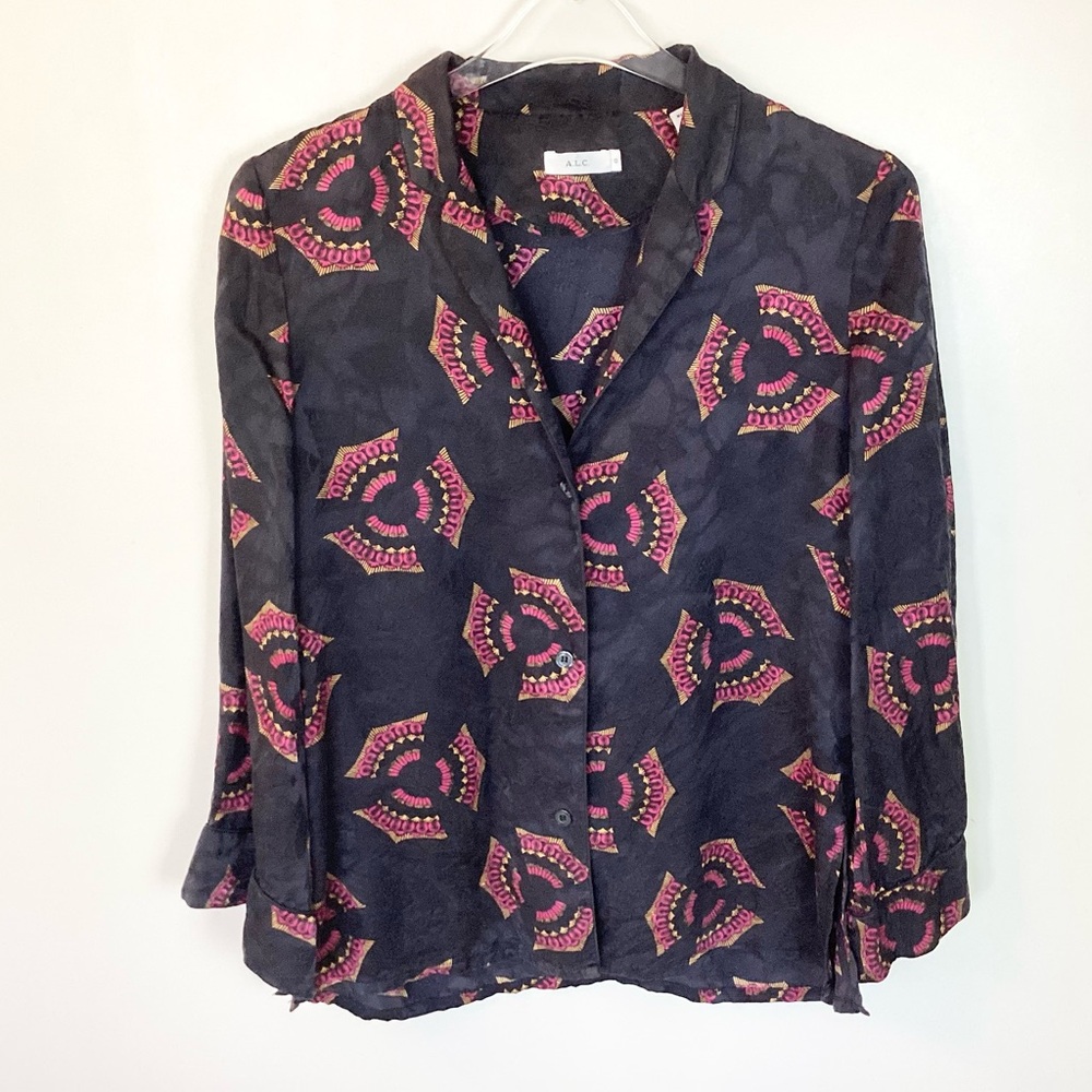 A.L.C. Long Sleeve Button Up Silk Print Blouse - Black - 0